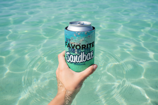 Can cooler with 'My Favorite Bar is the Sandbar' design on a beach scene