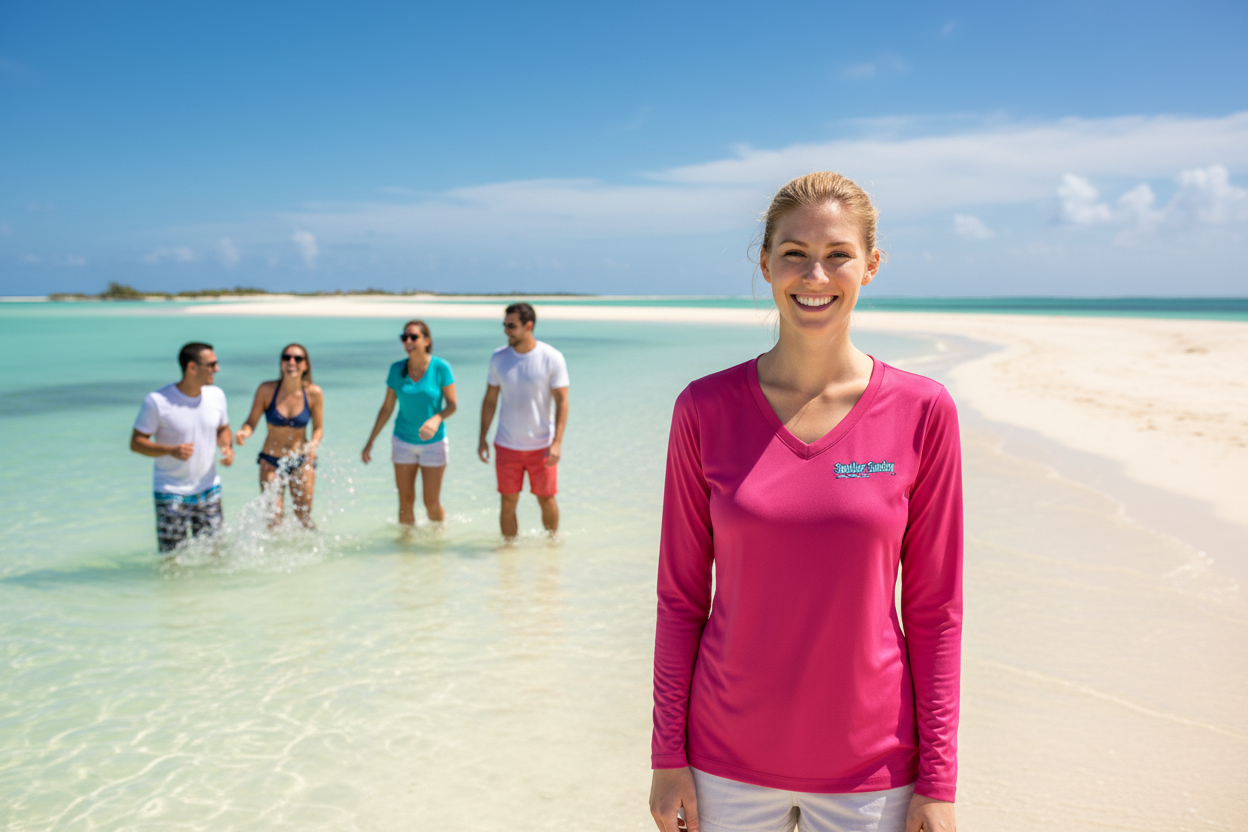 A woman wearing a long sleeve pink shirt with 'Sandbar Sunday' text and a fish logo on the front.