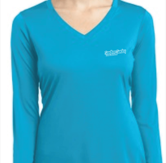 Ladies Sandbar Flag Sun Shirt in Atomic Blue with Sebastian Inlet, Florida