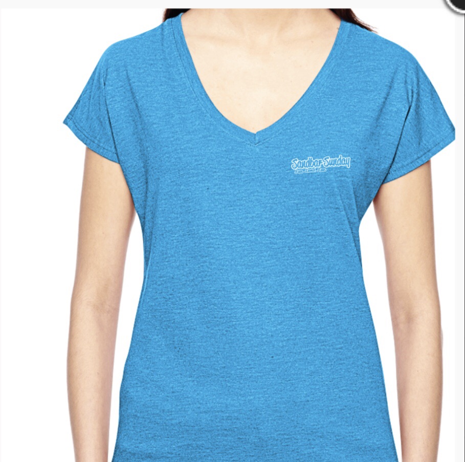 Sandbar Sunday Ladies Triblend V-Neck Tee in Heather Caribbean Blue
