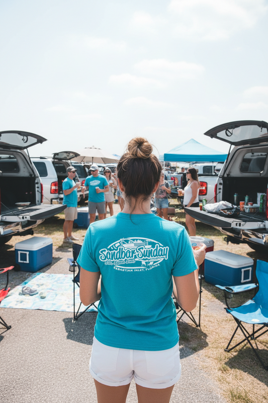 Sandbar Sunday (S.I.) Ladies Tri-blend V-Neck Tee in Heather Blue/Sebastian Inlet
