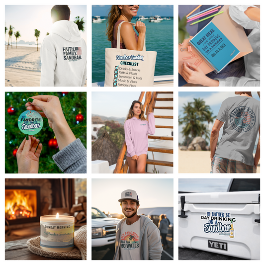 Collection of sandbar-themed gifts including hoodies, totes, candles, and accessories for coastal lifestyle lovers