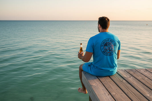 Blue t-shirt with 'Sandbar Nation' logo on a white background