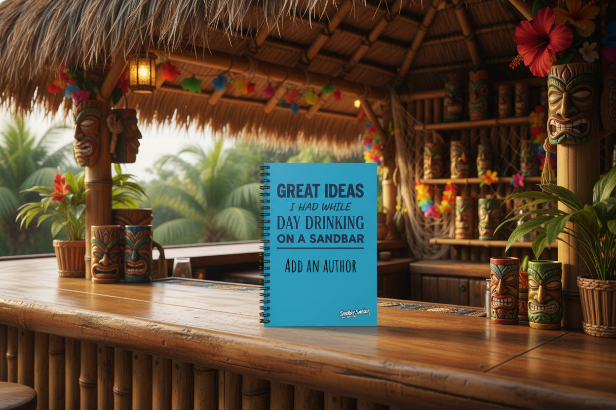 Blue notebook with humorous text on a white background