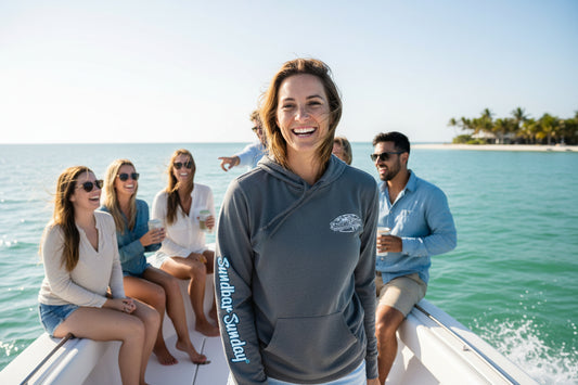 Gray hoodie with a logo on the chest and text on the sleeve against a white background