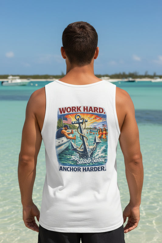 White tank top with a graphic design featuring an anchor and text on a white background