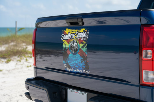 Sandbar Sunday Outfitters logo with palm trees, boats, and a colorful background.