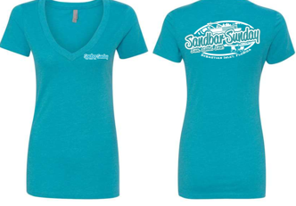Sandbar Sunday (S.I.) Ladies Tri-blend V-Neck Tee in Heather Blue/Sebastian Inlet