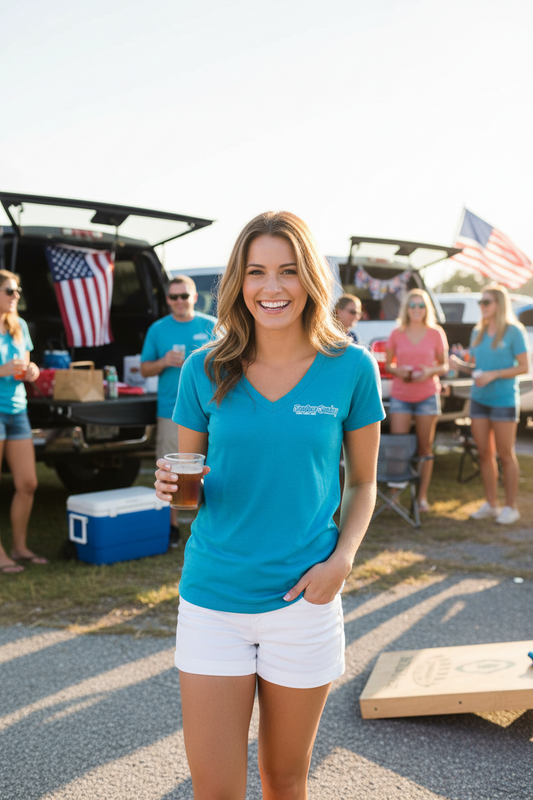 Sandbar Sunday (S.I.) Ladies Tri-blend V-Neck Tee in Heather Blue/Sebastian Inlet