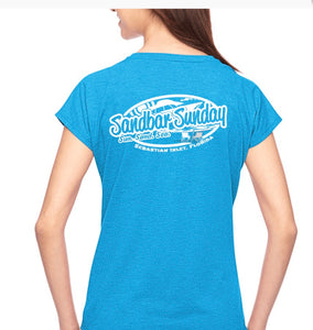 Sandbar Sunday (S.I.) Ladies Tri-blend V-Neck Tee in Heather Blue/Sebastian Inlet