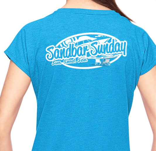 Sandbar Sunday Ladies Triblend V-Neck Tee in Heather Caribbean Blue
