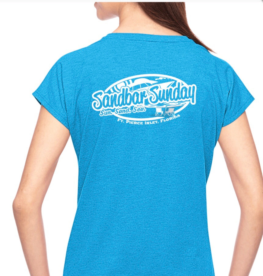 Sandbar Sunday (F.P.I) Ladies Triblend V-Neck Tee in Heather Caribbean Blue/Ft.Pierce