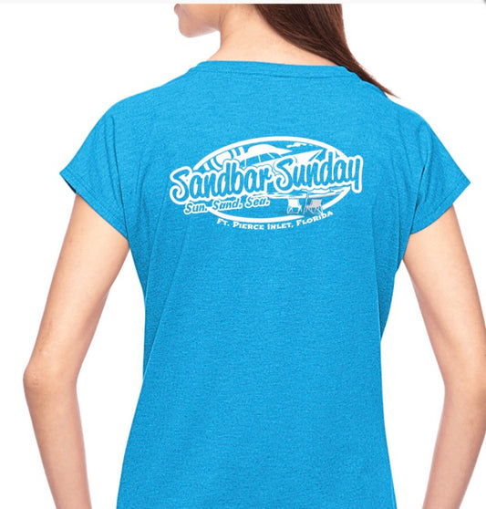 Sandbar Sunday (F.P.I) Ladies Triblend V-Neck Tee in Heather Caribbean Blue/Ft.Pierce