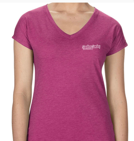 Sandbar Sunday (F.P.I) Ladies Triblend V-Neck Tee in Heather Raspberry/Ft.Pierce